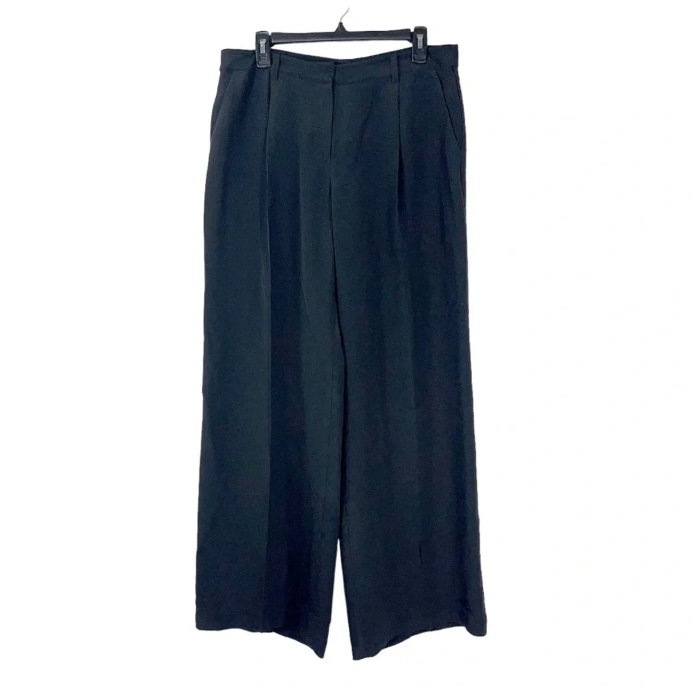 Eileen Fisher 100% silk wide leg trousers pleated belt loops pockets size M - Picture 2 of 13